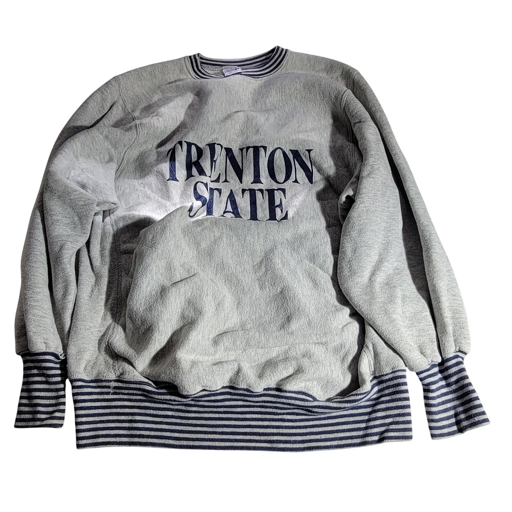 Vintage MVP Pro Weave Trenton State Sweatshirt Gray Striped Trim Large USA Made